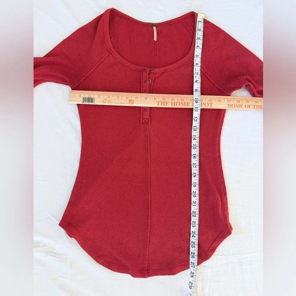 Free People Orange Red Thermal Ribbed Top Boho Contrast Knit Sleeve Henley LS M